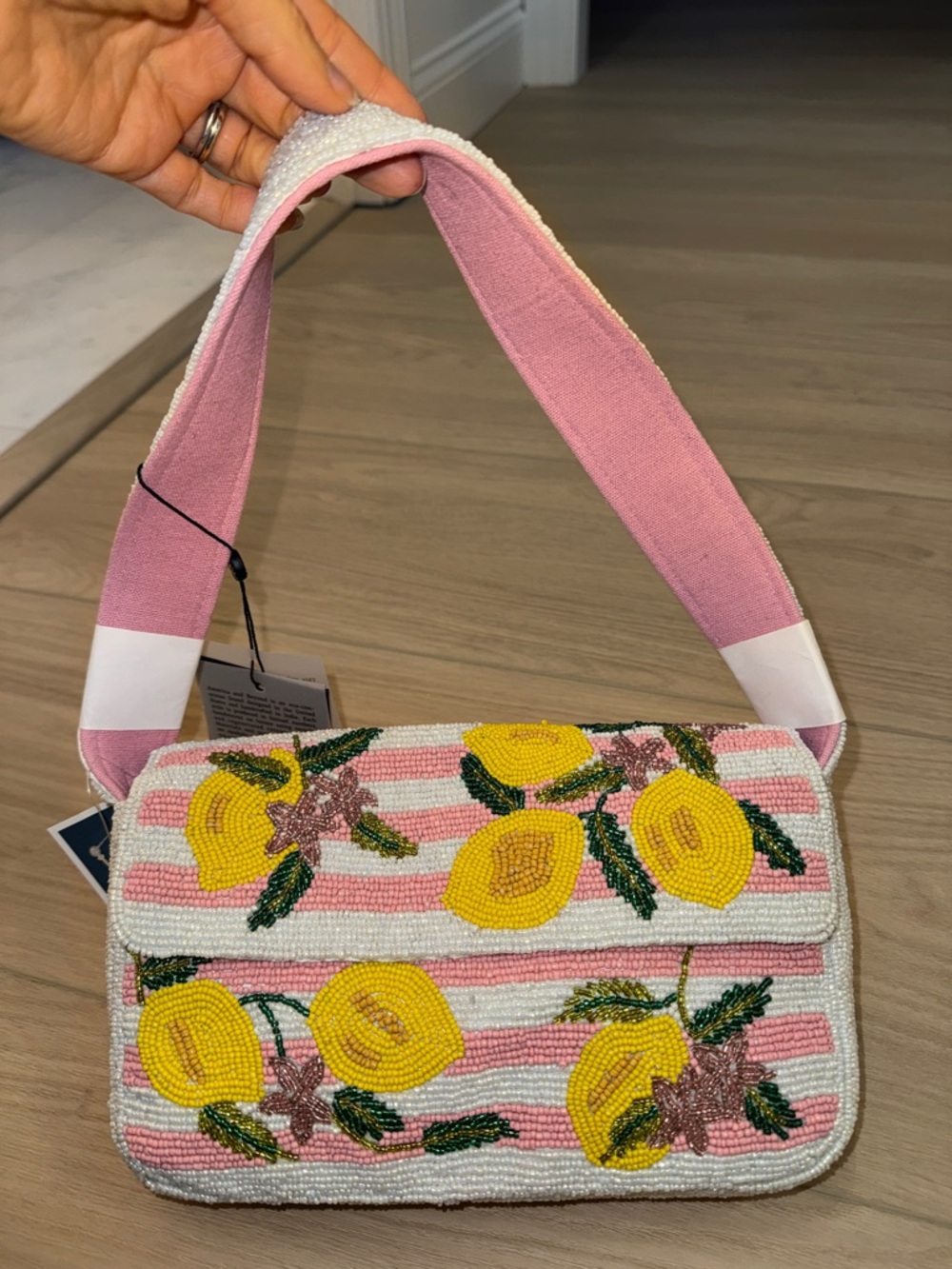 Pink Beaded Viral made in India Lemon Stripe Shoulder Bag